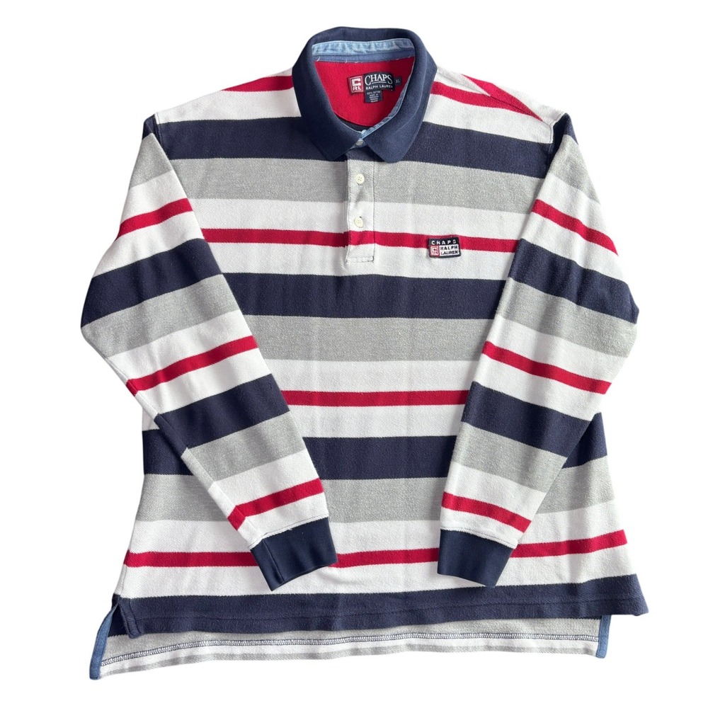Chaps Ralph Lauren Mens XL Long Sleeve Striped Polo Rugby Shirt Navy Red Grey